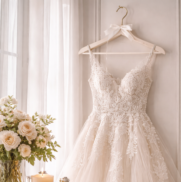 Vestido de noiva pendurado em cabide personalizado
