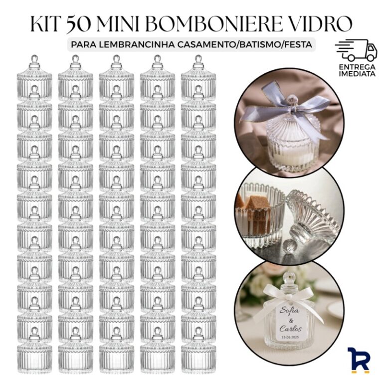 Kit com 50 mini bombonieres de vidro