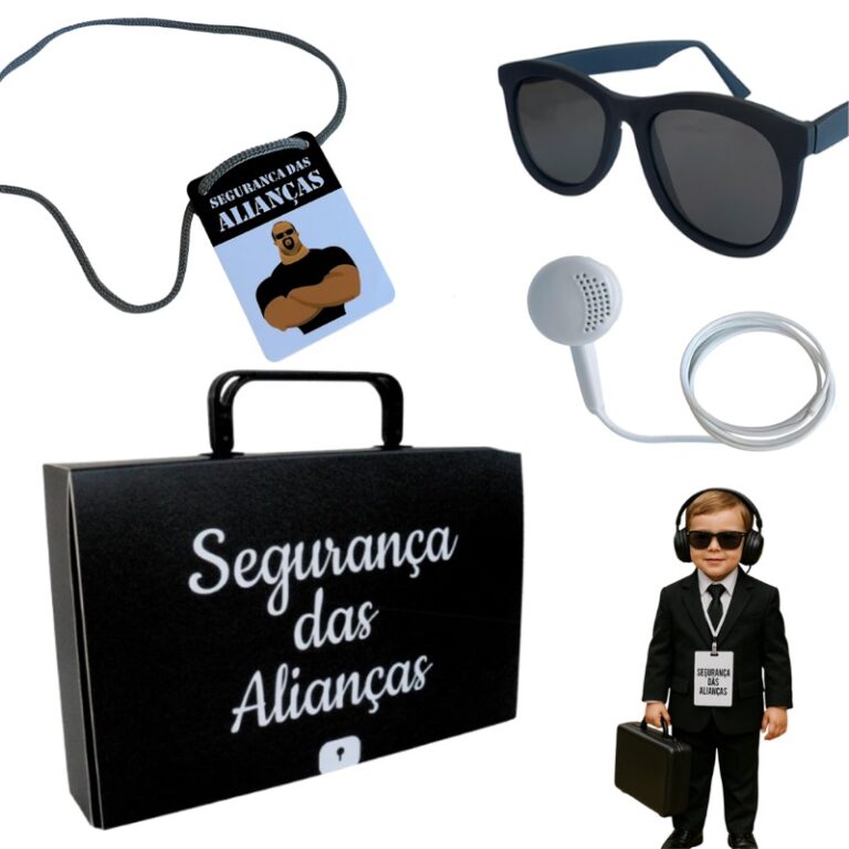 Kit segurança das alianças com maleta óculos e crachá para o pajem
