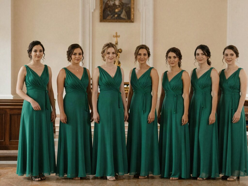 Madrinhas com vestidos na mesma cor numa cerimônia na igreja
