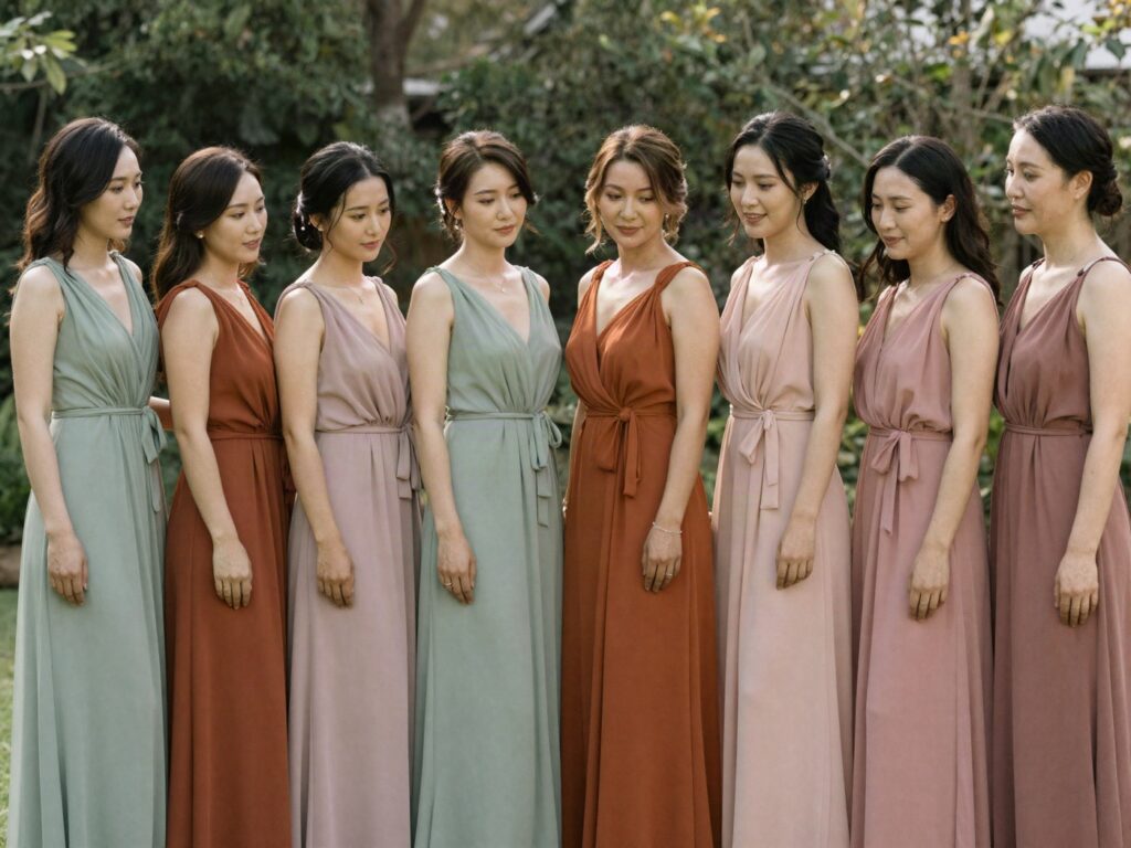Madrinhas com vestidos em tons diferentes da mesma paleta, num casamento ao ar livre