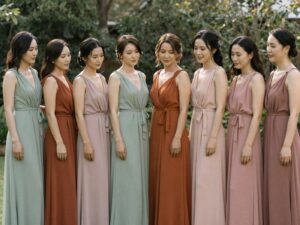Madrinhas com vestidos em tons diferentes da mesma paleta, num casamento ao ar livre