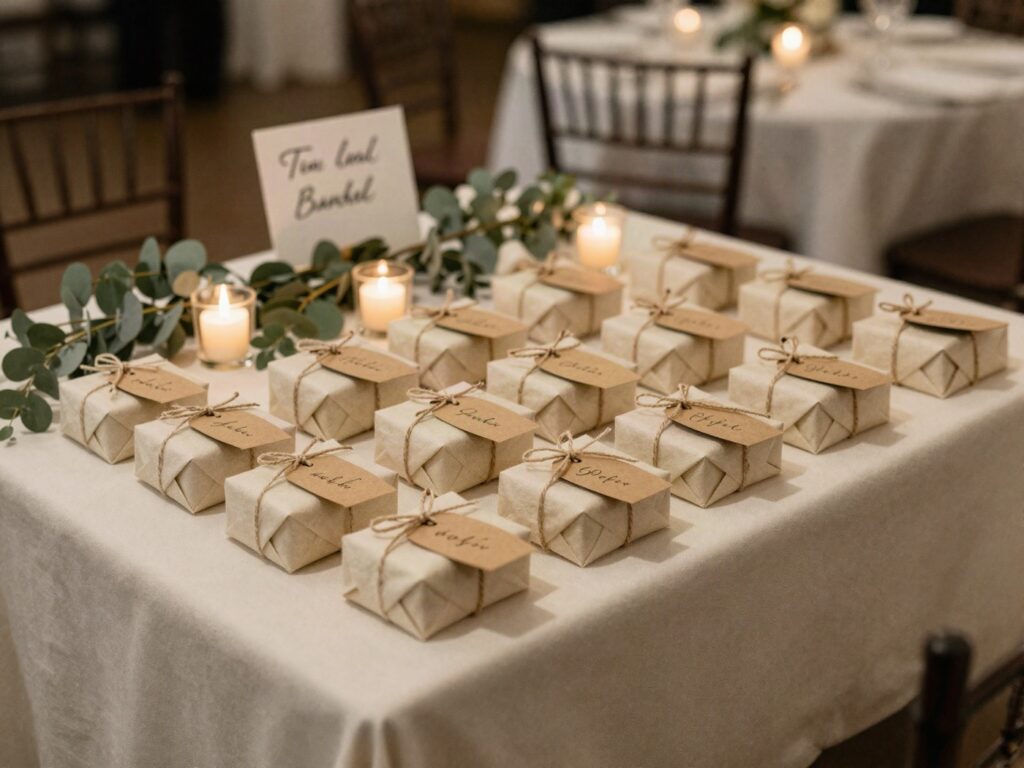 Mesa de lembrancinhas na saída da festa de casamento, com tags de papel kraft