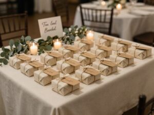 Mesa de lembrancinhas na saída da festa de casamento, com tags de papel kraft