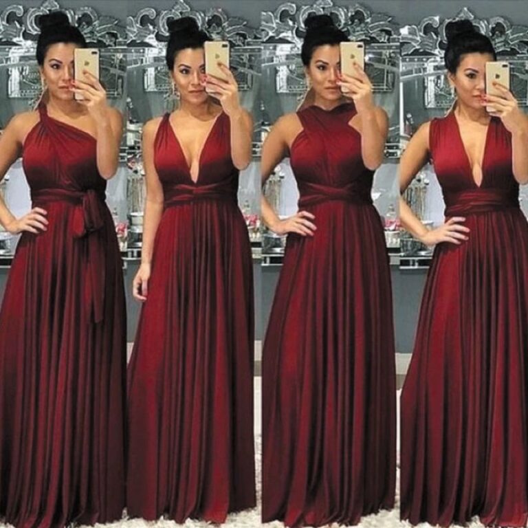 Vestido multiformas de madrinha em vinho, mostrando quatro amarrações diferentes na mesma peça