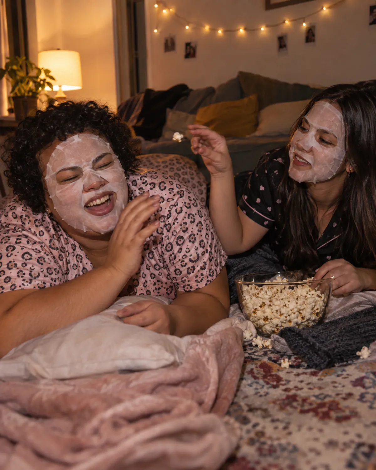 Duas amigas com máscara facial rindo e comendo pipoca na noite do pijama da despedida de solteira