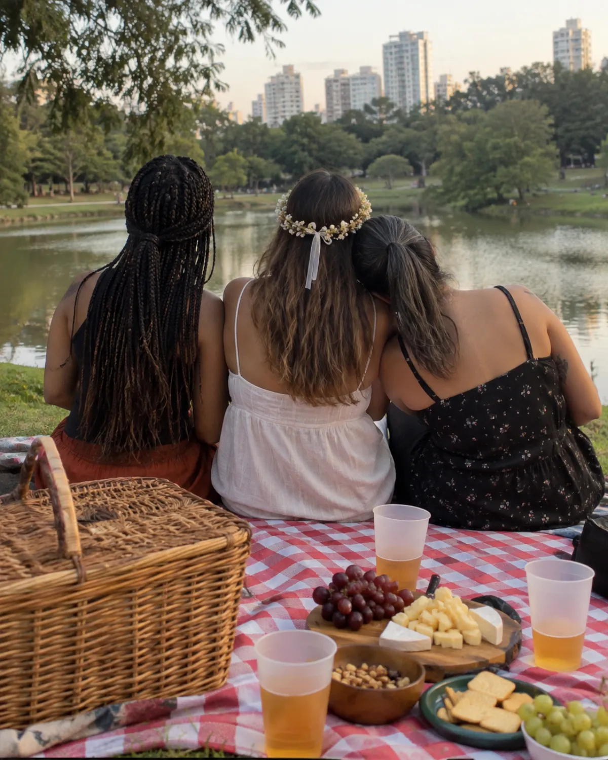 Três amigas de costas num piquenique no parque, com cesta, frutas e queijos, a noiva de coroa de flores