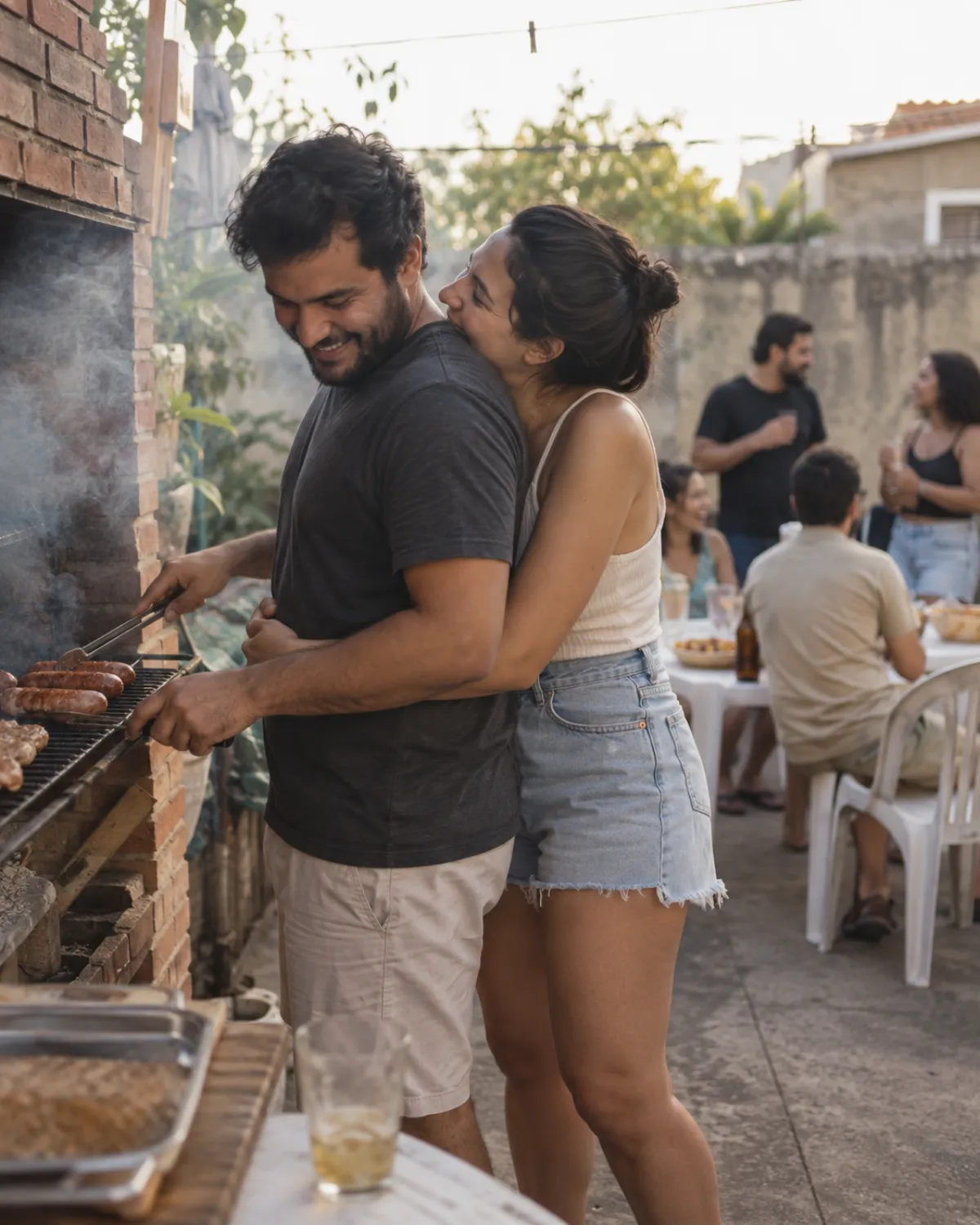 Noiva abraçando o noivo na churrasqueira durante a despedida de solteiro e solteira juntos
