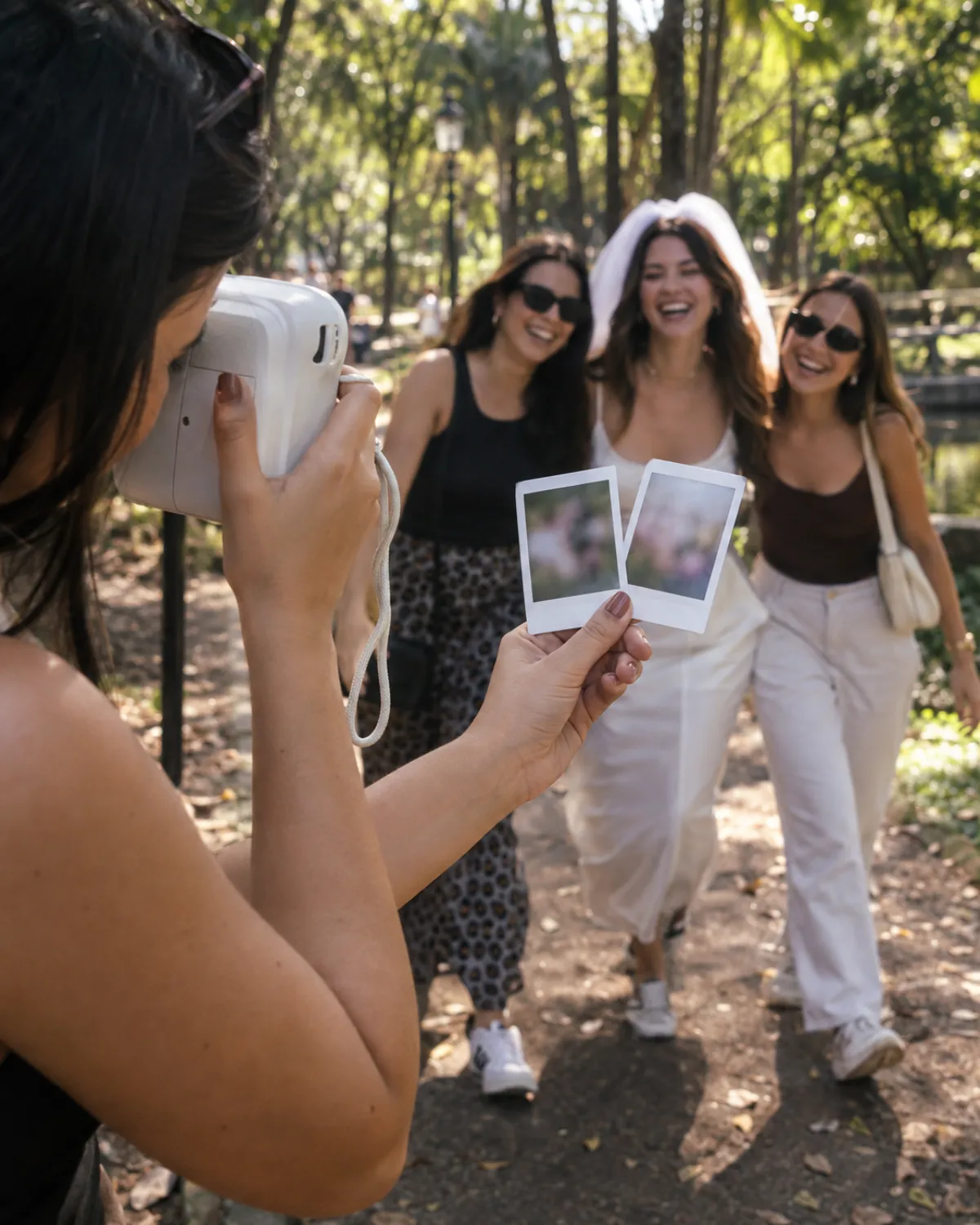 Amiga fotografando com câmera instantânea a noiva e as amigas caminhando no parque