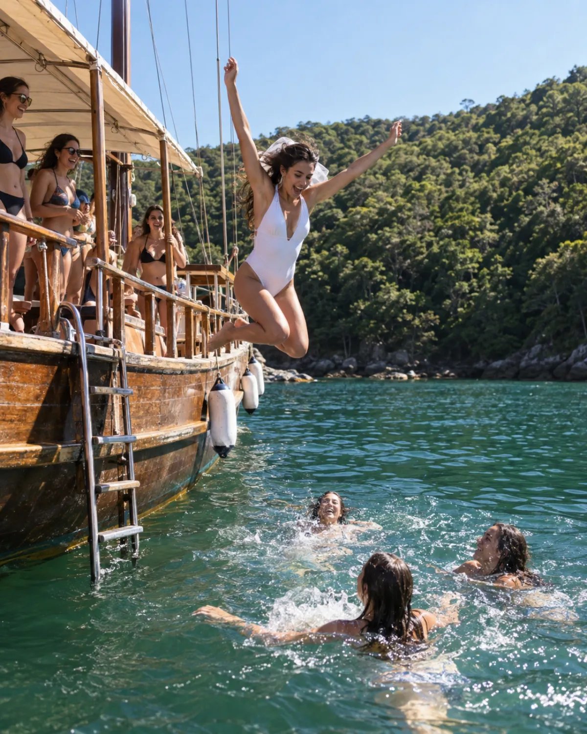 Noiva de maiô branco pulando de uma escuna no mar durante a despedida de solteira