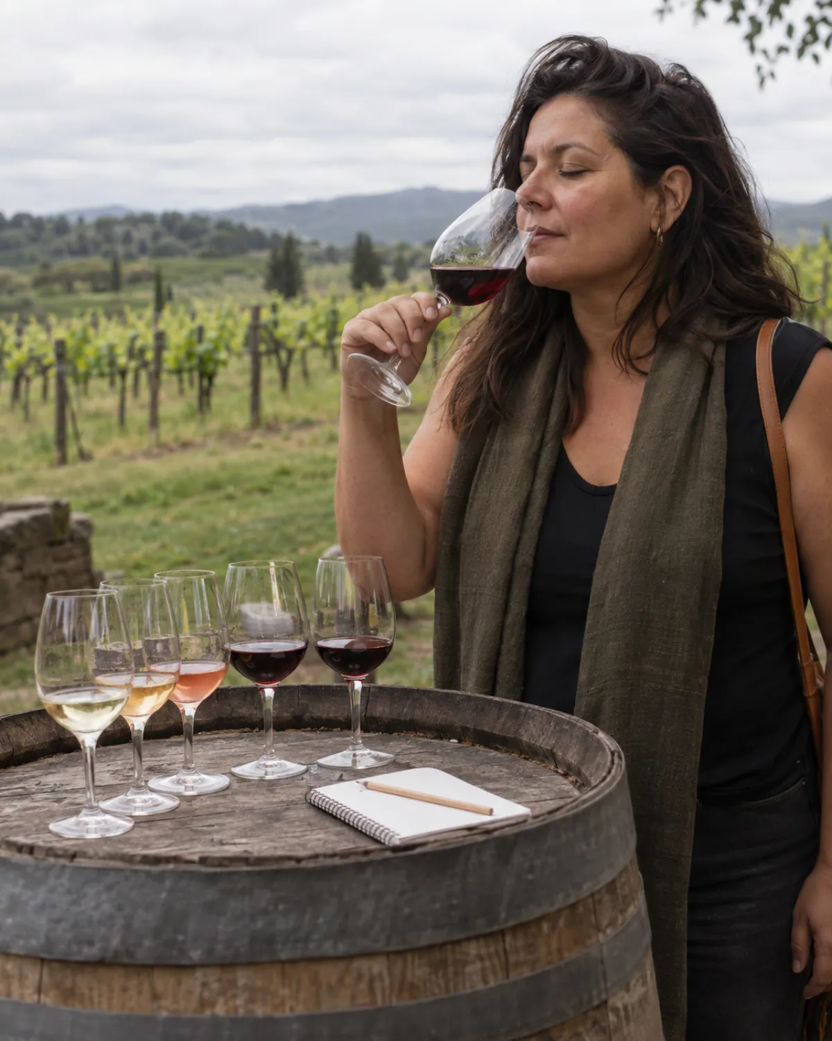 Mulher sentindo o aroma do vinho numa degustação sobre barril na vinícola