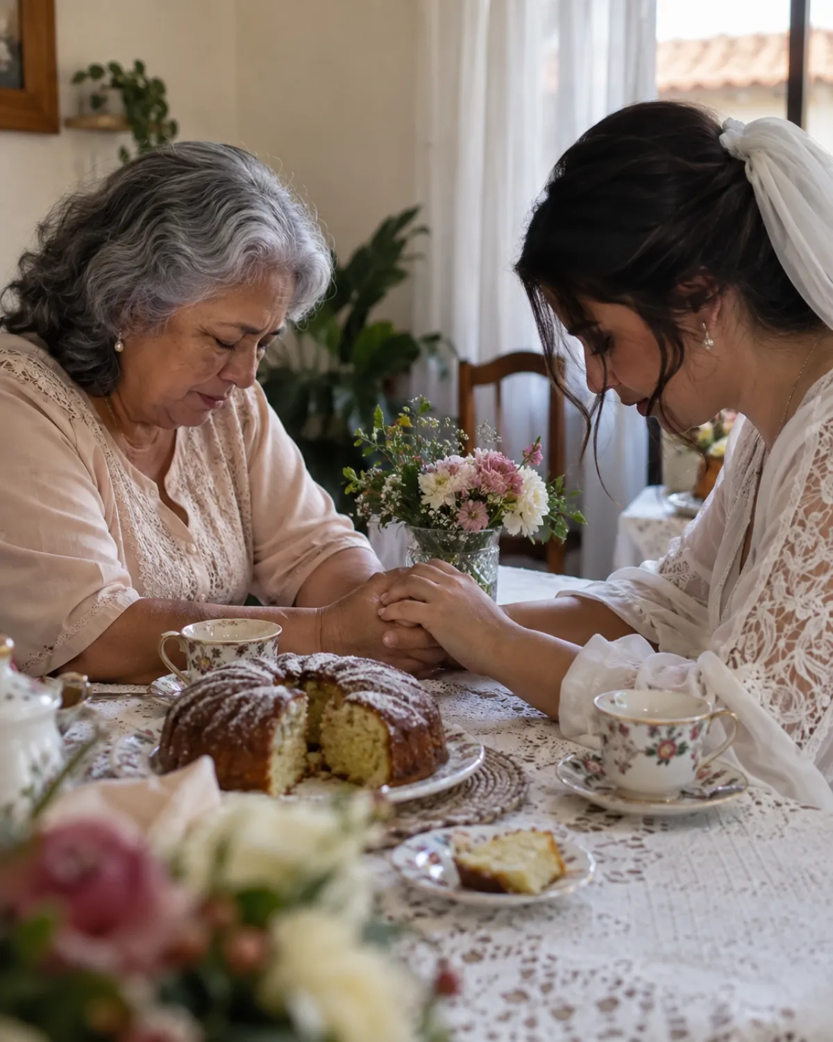 Noiva e senhora de mãos dadas orando numa mesa de chá da tarde na despedida de solteira cristã