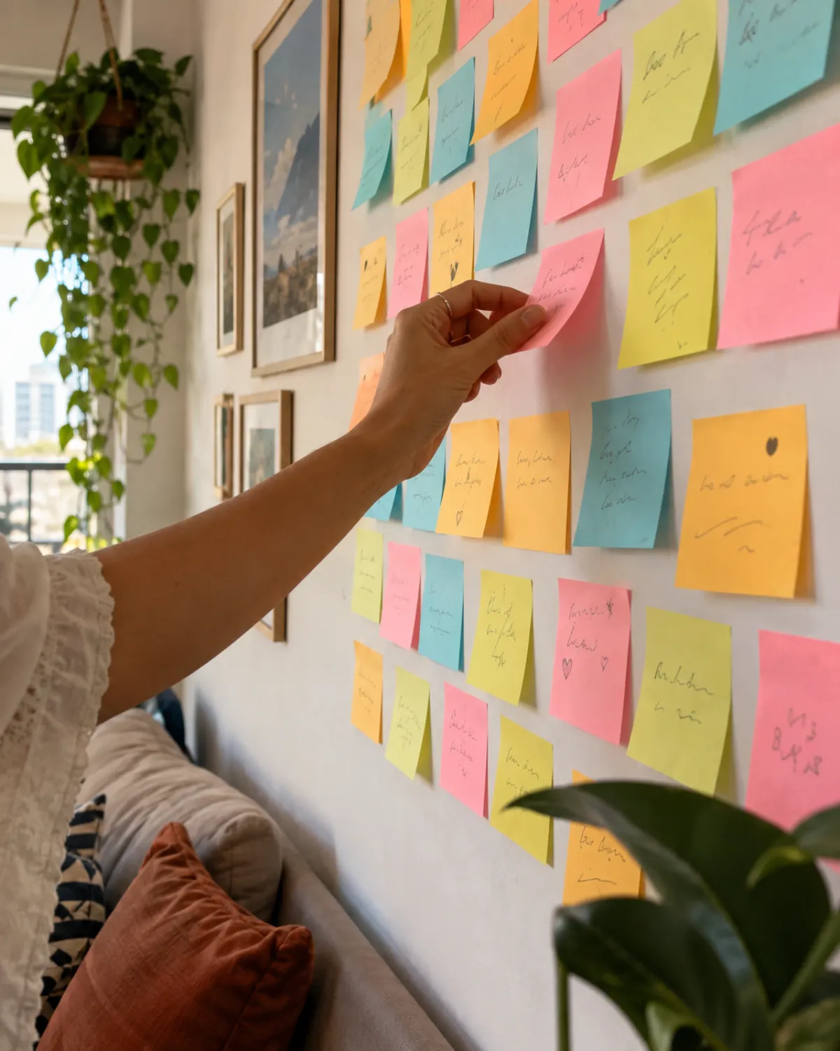 Parede cheia de post-its coloridos com lembranças das amigas para a noiva