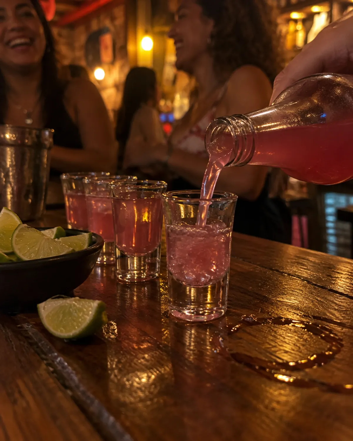 Bebida rosa sendo servida em copinhos de dose com limão no balcão do bar