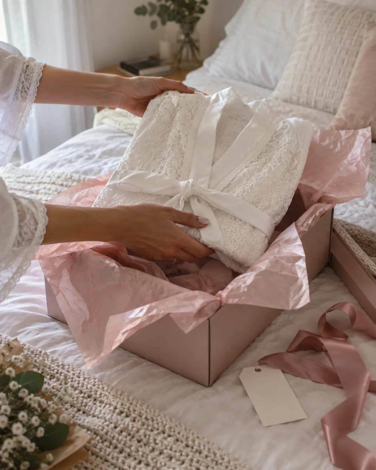 Noiva abrindo caixa de presente com robe de renda branco sobre a cama