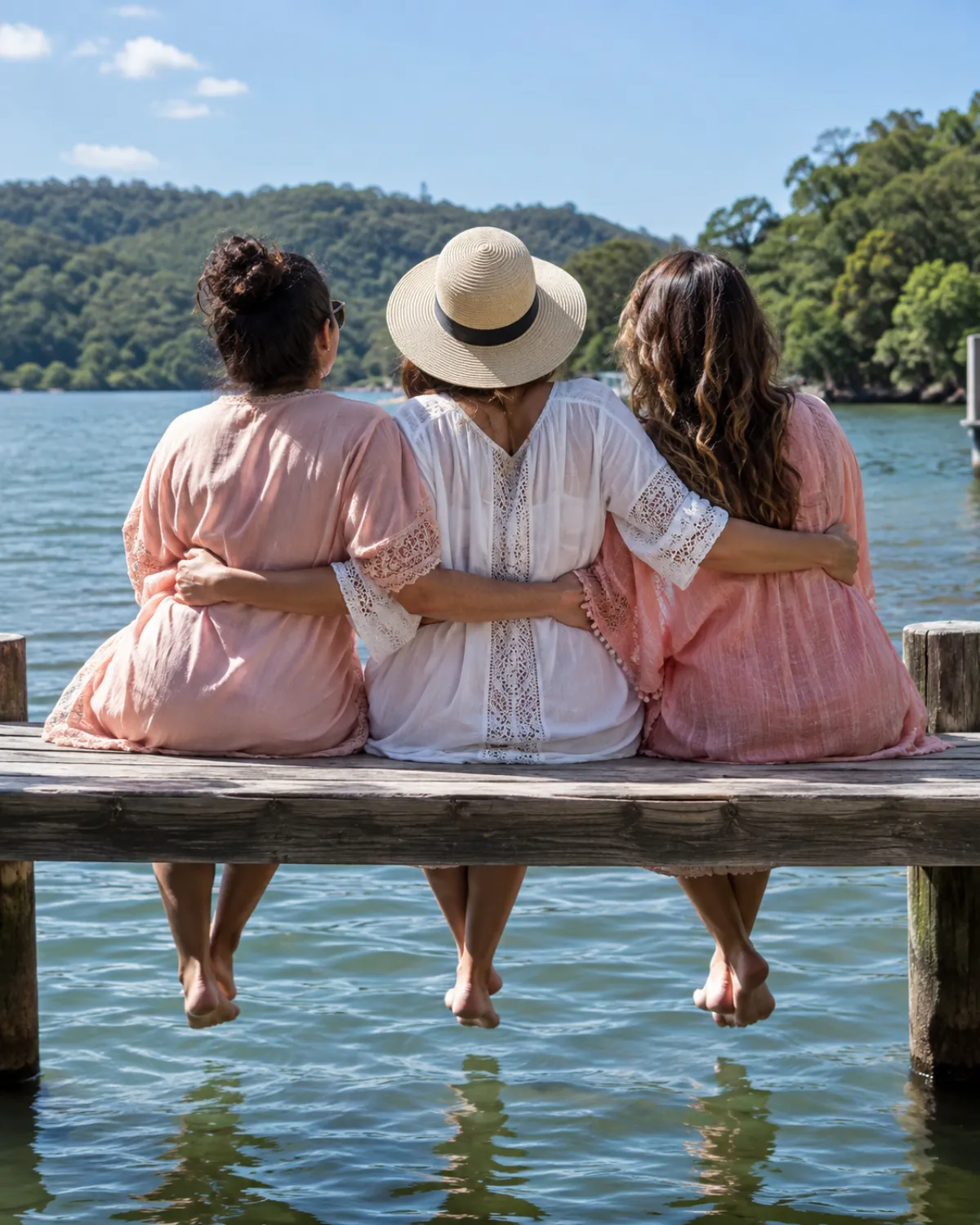 Três amigas de costas sentadas no píer com roupas combinando, a noiva de branco no meio