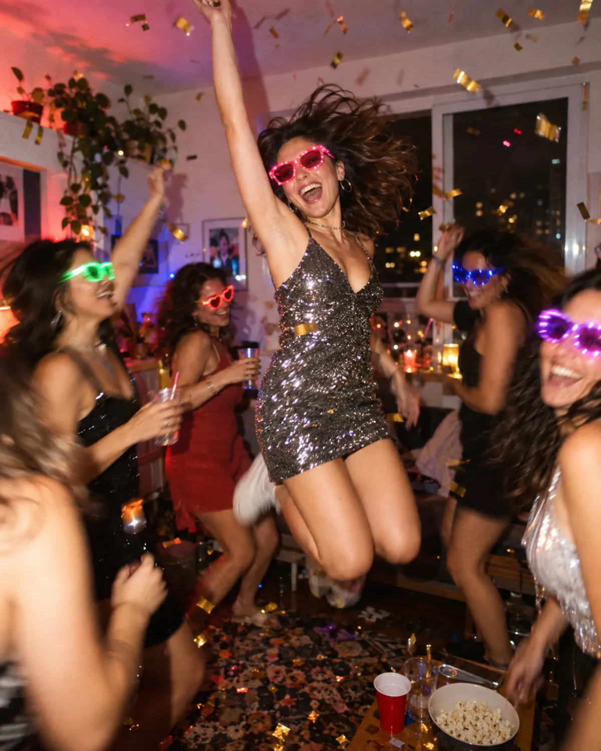 Amiga pulando com óculos de LED e confete dourado na festa de despedida de solteira em casa