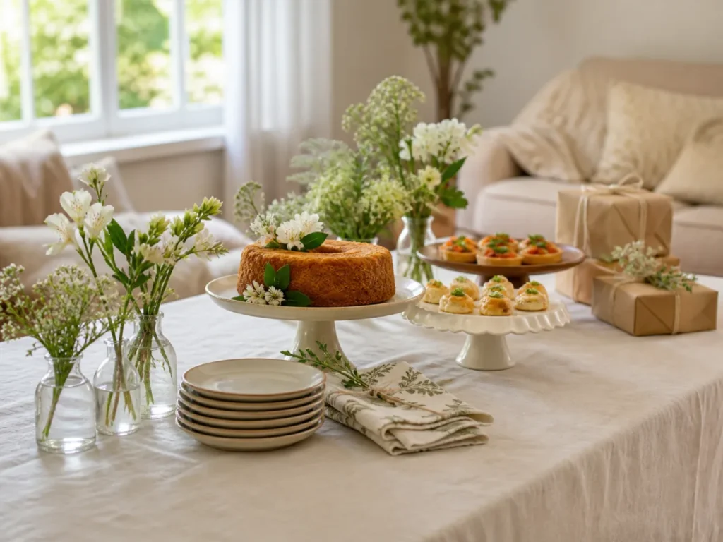 Mesa de cha de panela montada na sala de casa, com bolo, salgadinhos, vasinhos de flores e presentes embrulhados em papel kraft
