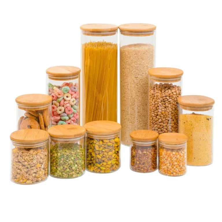 Kit de potes de vidro com tampa de bambu para mantimentos