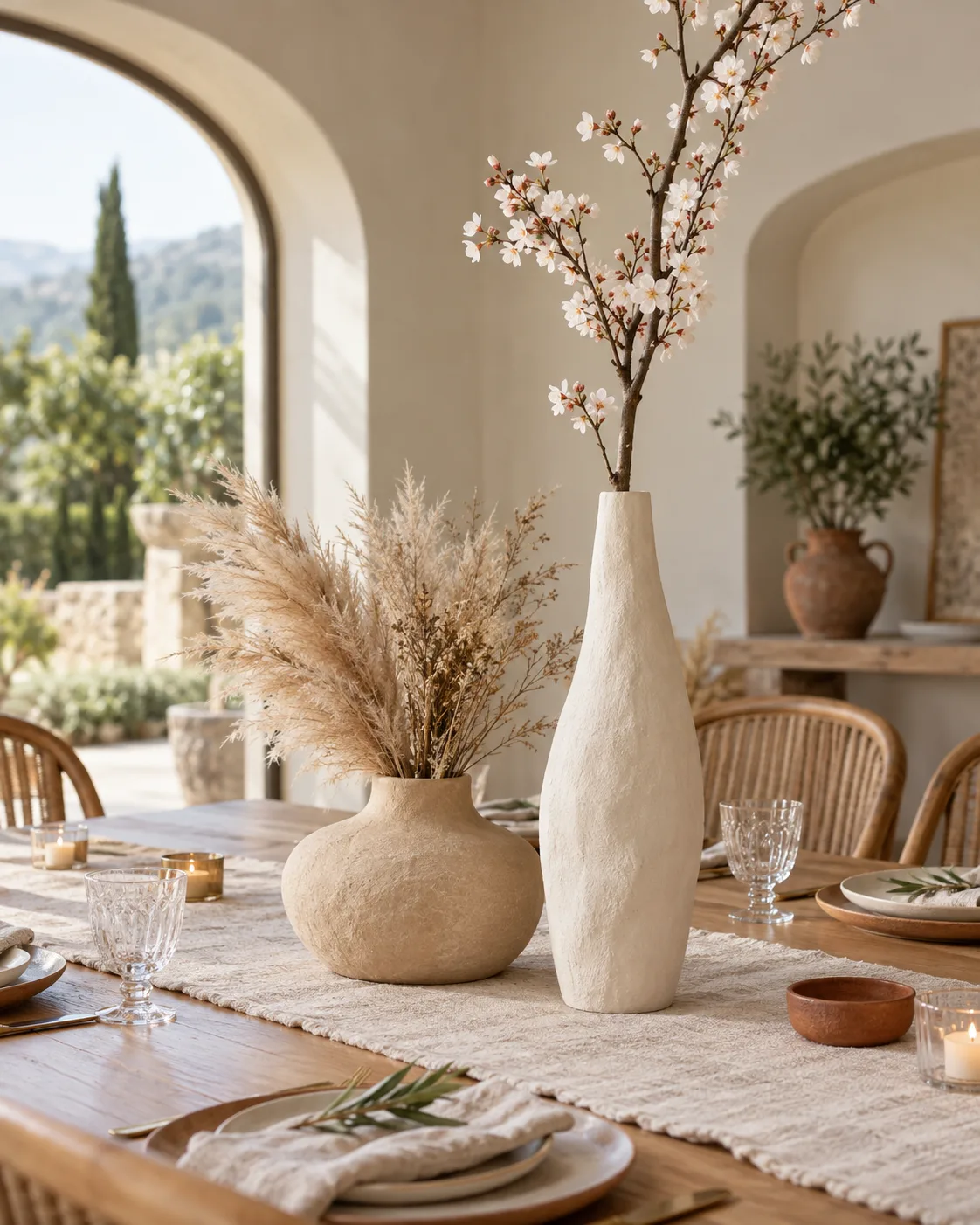 Centro de mesa boho com vasos de gesso, capim-dos-pampas e galho de cerejeira
