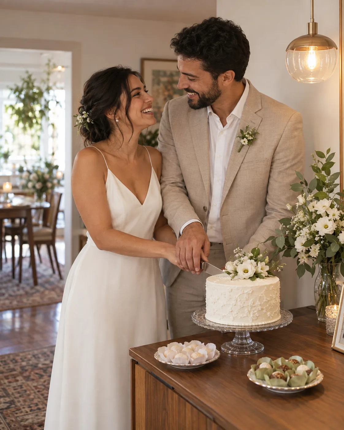 Casal cortando um bolo pequeno numa mesa de bolo em casa