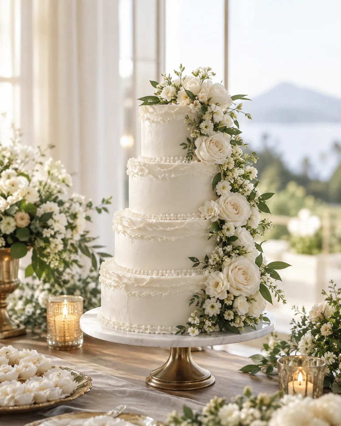 Bolo de casamento branco de quatro andares com cascata de flores