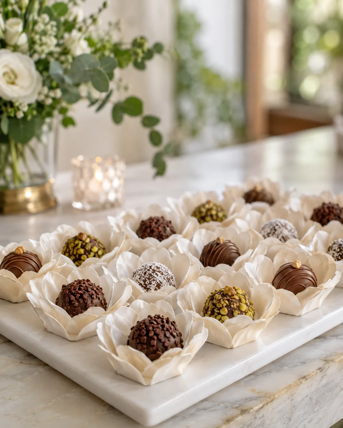 Trufas e bombons em forminhas de papel em formato de flor