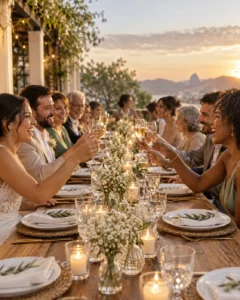 Convidados brindando numa mesa comprida com centro de mesa baixo de vasinhos e velas