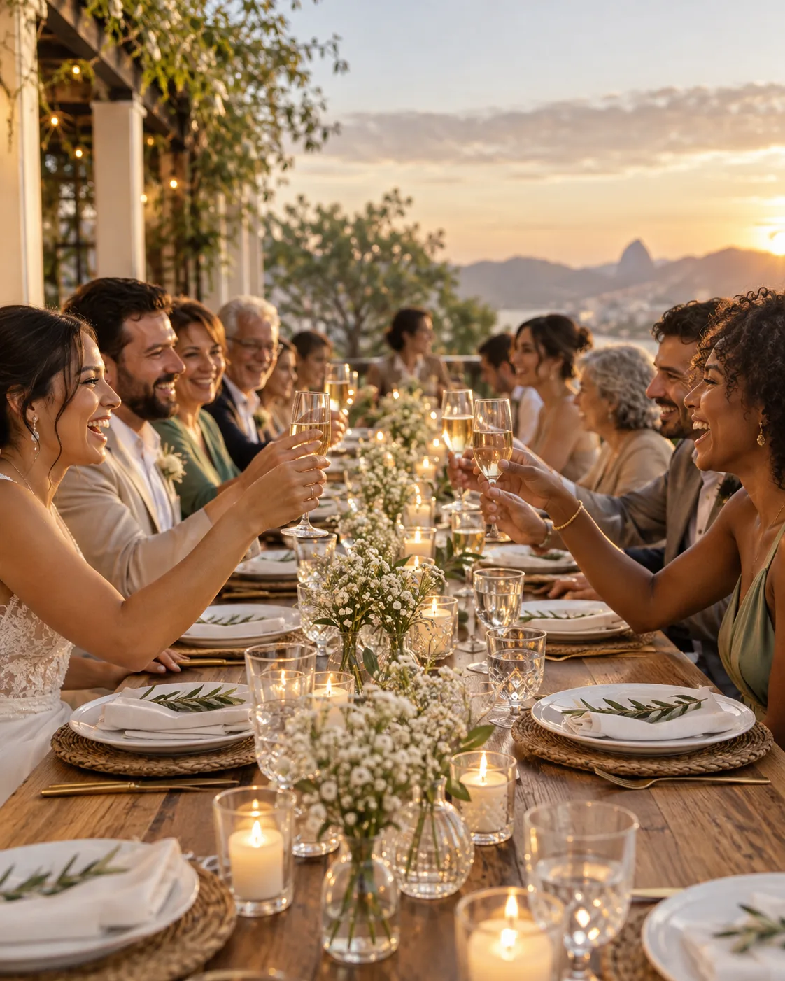Convidados brindando numa mesa comprida com centro de mesa baixo de vasinhos e velas
