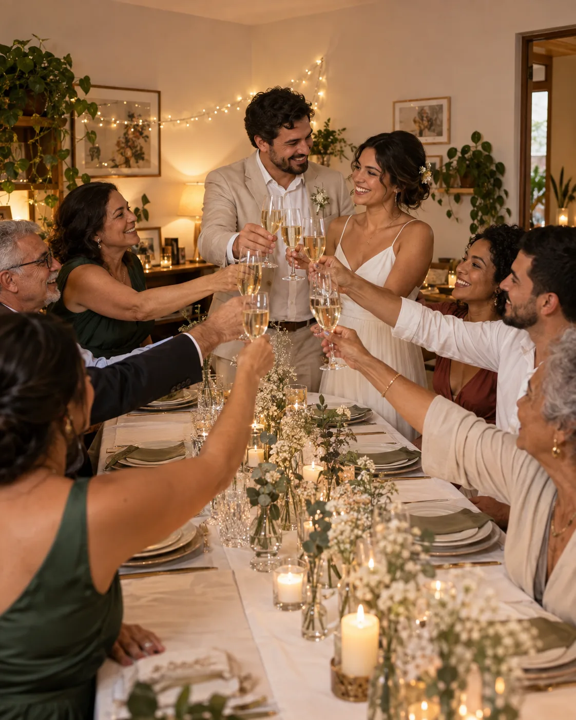 Casal e família brindando numa mesa comprida na sala de casa, com luzinhas ao fundo