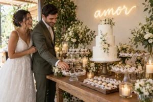 Noivos rindo ao lado da mesa de doces com bolo branco e letreiro neon