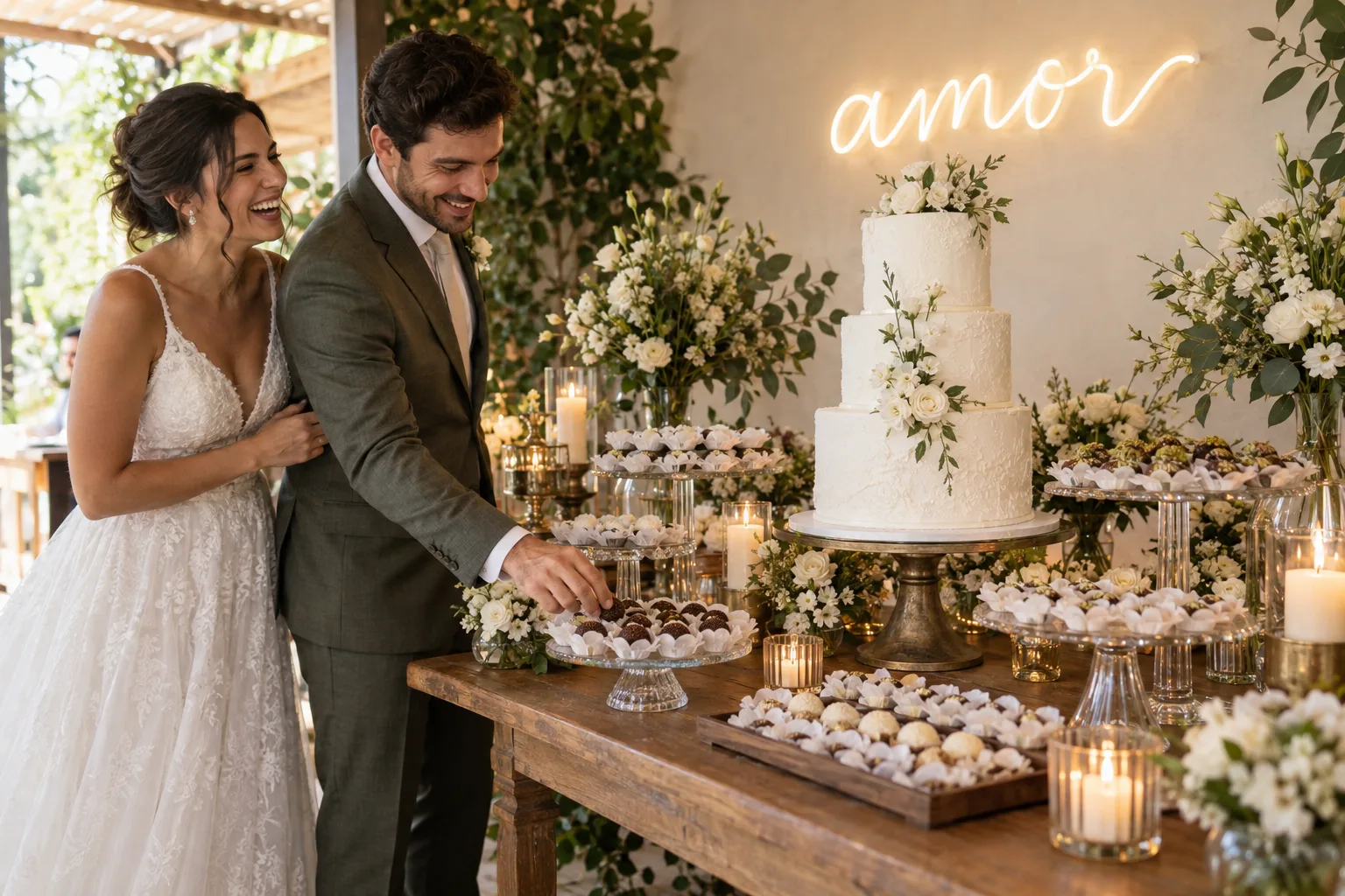 Noivos rindo ao lado da mesa de doces com bolo branco e letreiro neon