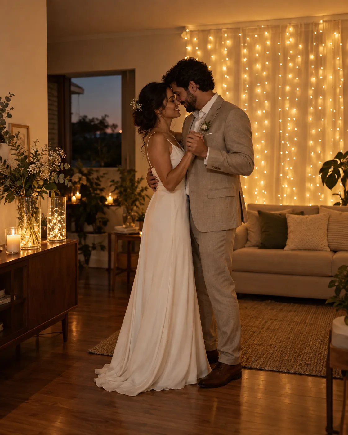 Casal dançando na sala iluminada por uma cortina de luzinhas