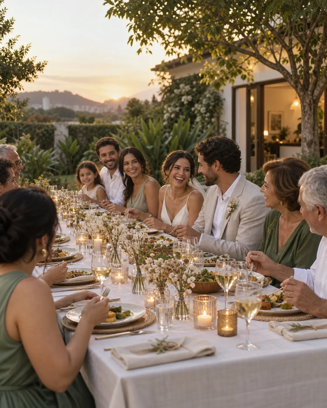 Família reunida numa mesa comprida no jardim ao pôr do sol depois do casamento civil