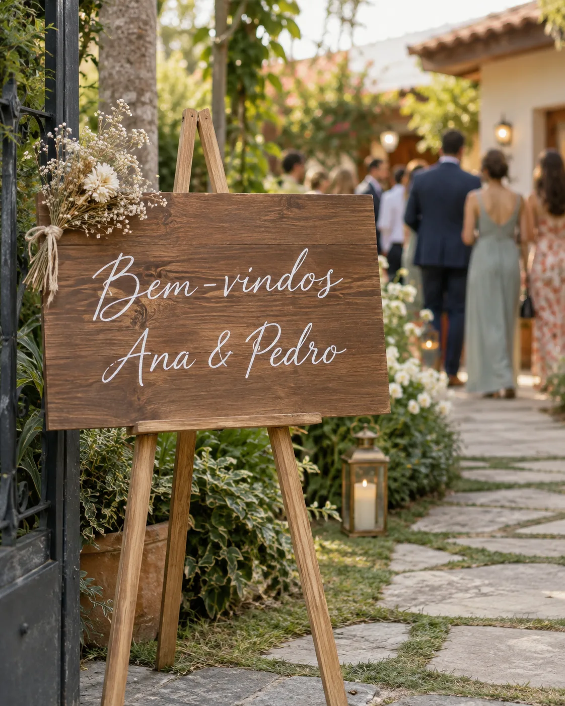 Placa de madeira de boas-vindas num cavalete na entrada do jardim