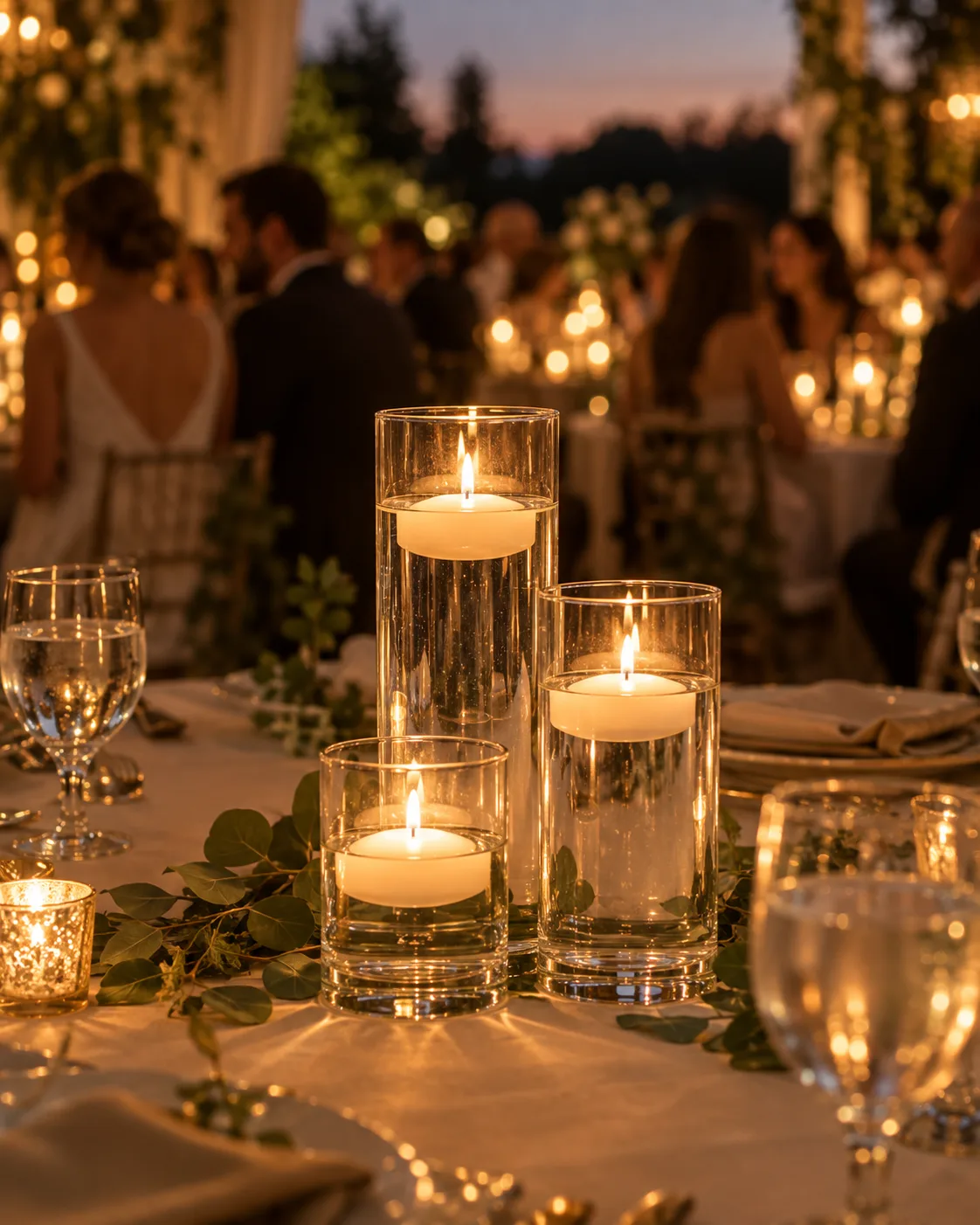Três cilindros de vidro com velas flutuantes acesas na mesa ao anoitecer