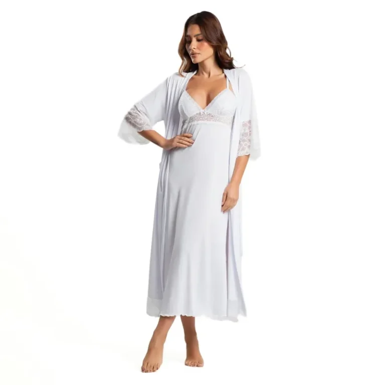 Kit de camisola e robe longo de renda