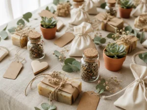 Mesa com varias lembrancinhas de casamento simples: potinhos de vidro, sabonetes, suculentas e saquinhos de algodao