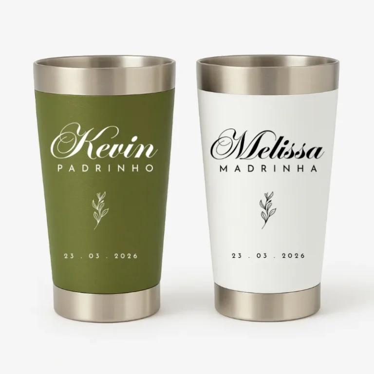 Kit com dois copos térmicos personalizados para padrinho e madrinha