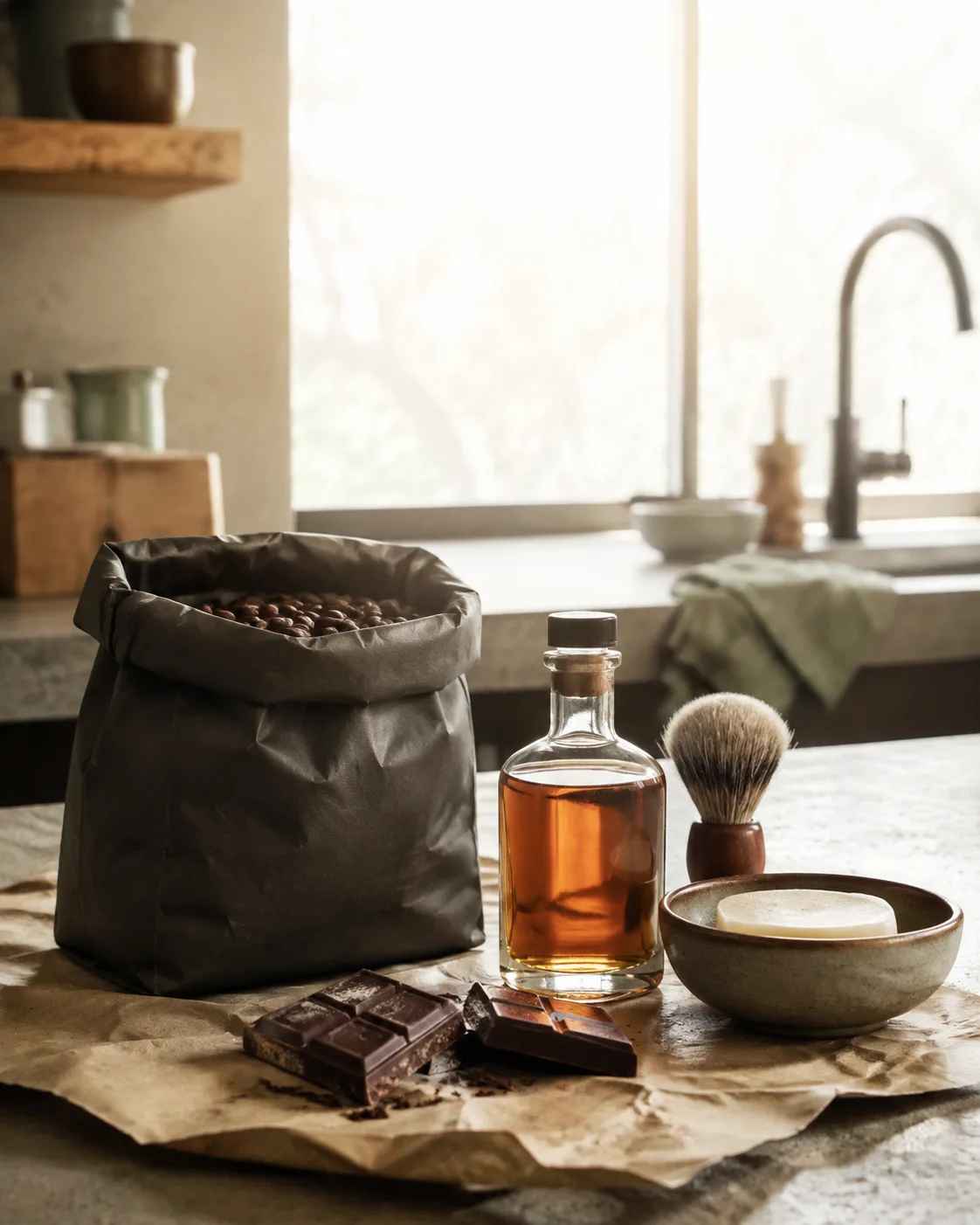 Café em grão, chocolate, destilado e kit de barbear sobre papel kraft