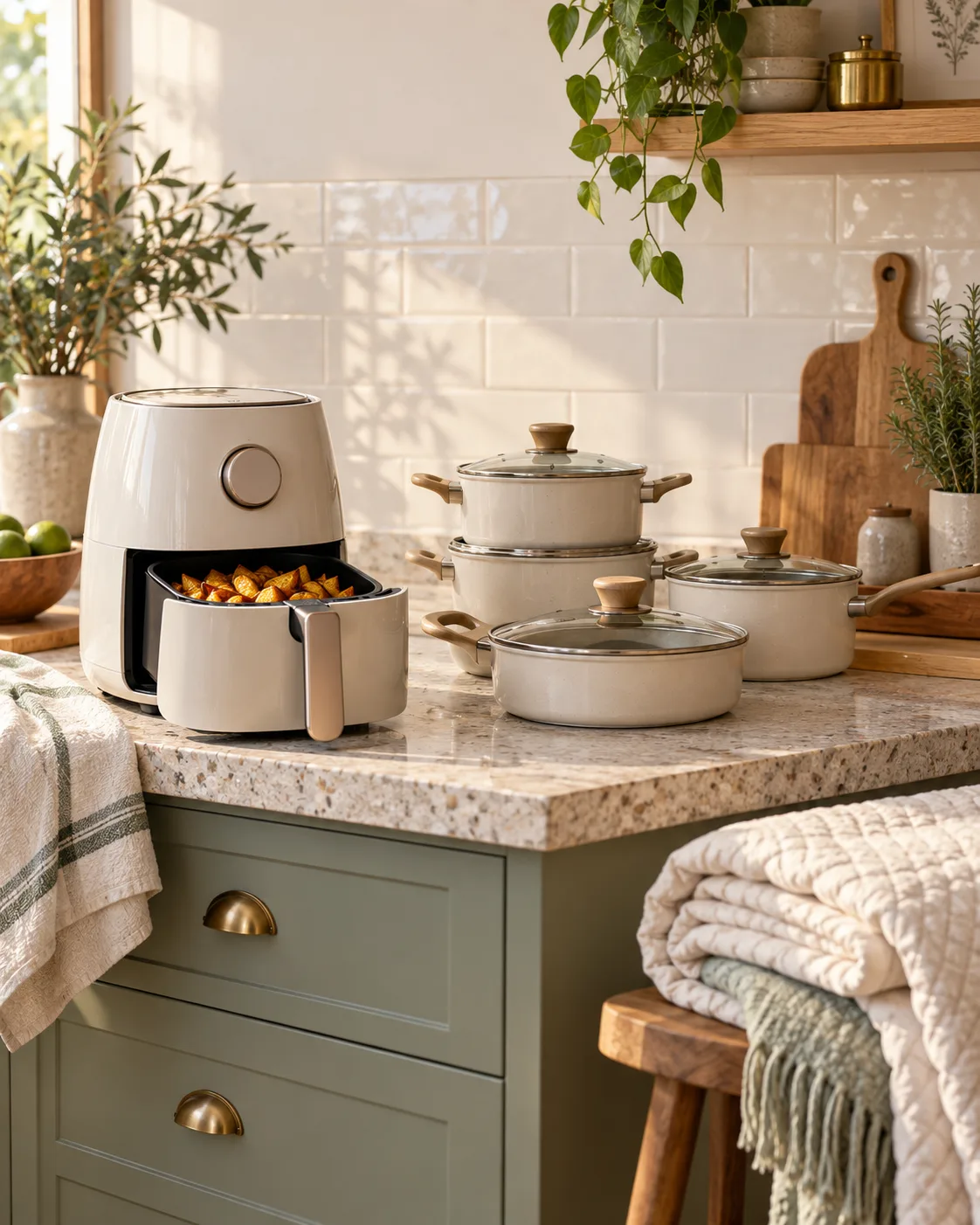 Air fryer aberta e jogo de panelas na bancada de cozinha