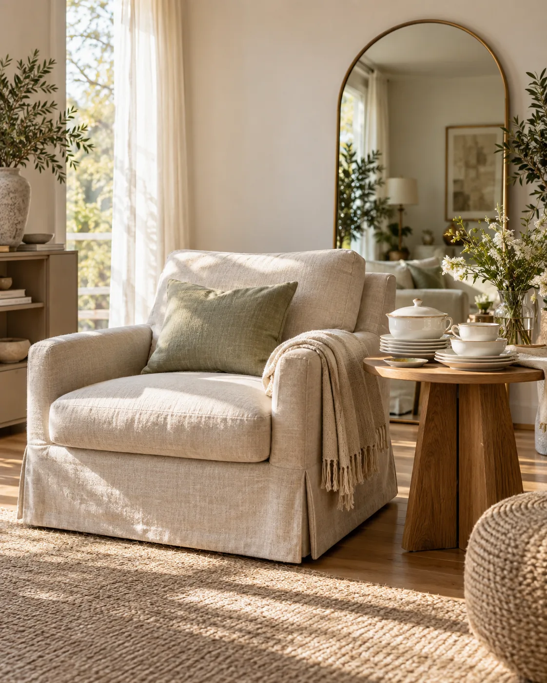 Poltrona de linho com mesa lateral e aparelho de jantar na sala