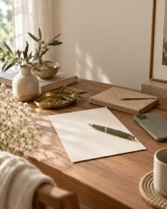 Convite de casamento em branco com caneta, envelopes e celular virado para baixo