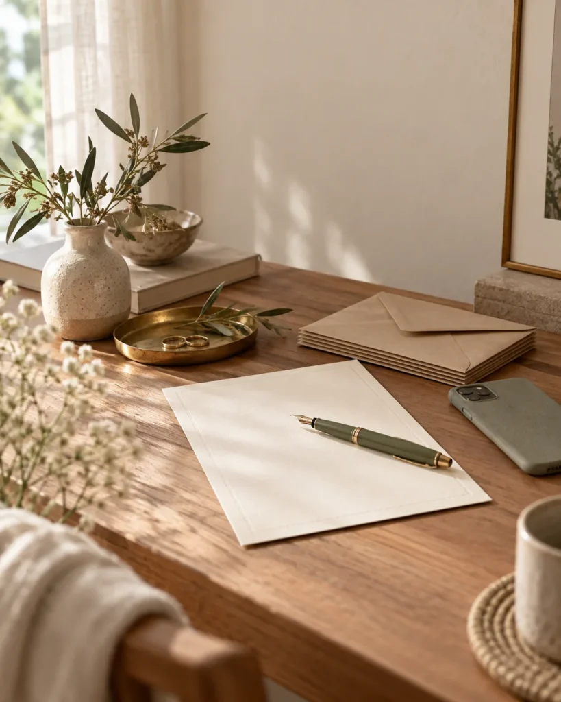 Convite de casamento em branco com caneta, envelopes e celular virado para baixo