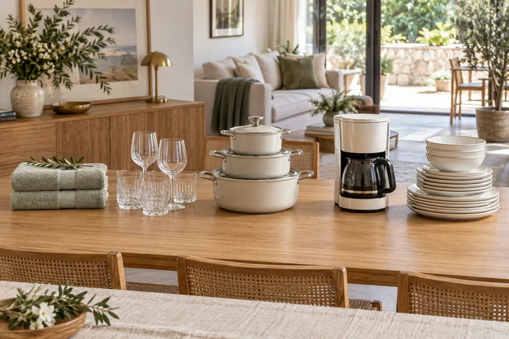 Cinco grupos de presentes de casamento de tamanhos diferentes sobre a mesa