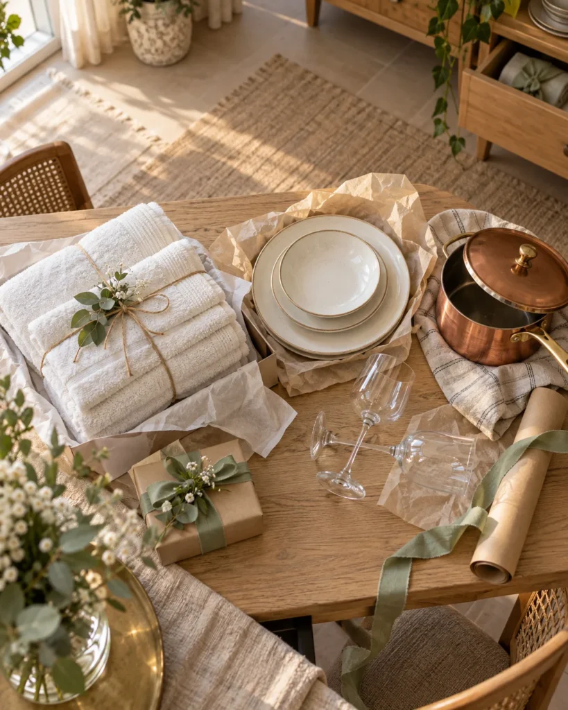 Presentes de casamento sobre a mesa: toalhas, aparelho de jantar, taças e panela de cobre
