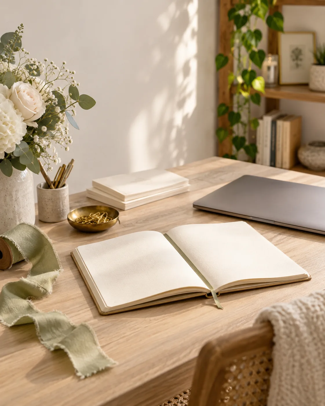 Caderno aberto em branco na mesa de planejamento do casamento