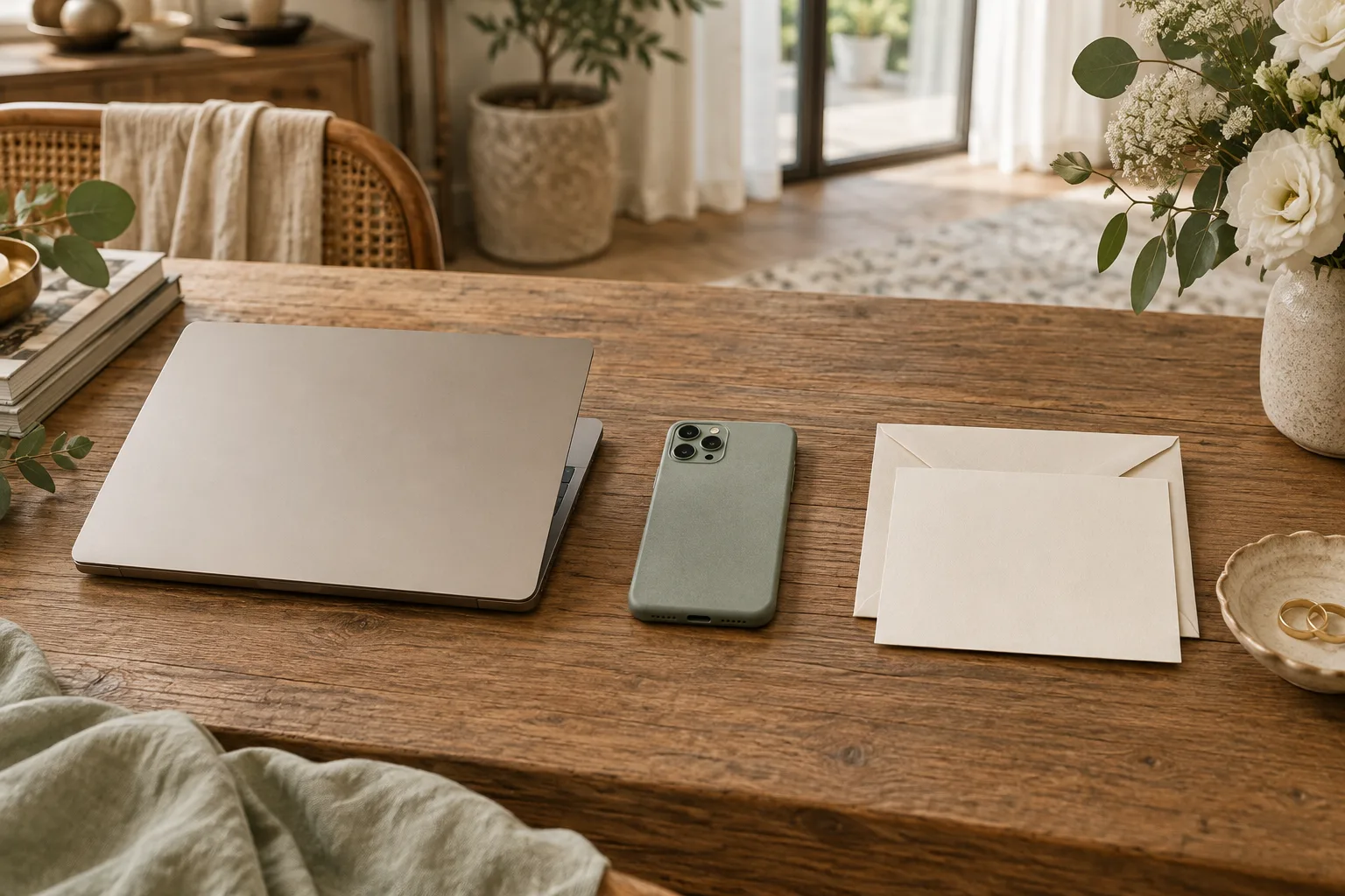 Laptop fechado, celular virado e convite impresso lado a lado