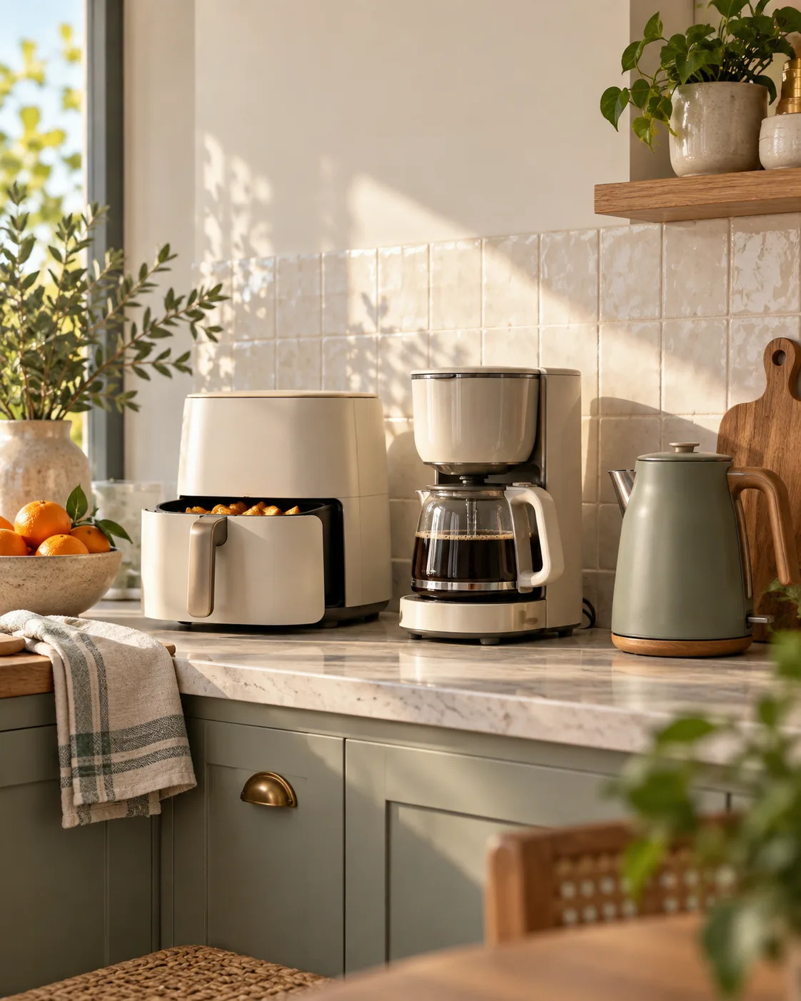 Air fryer, cafeteira e chaleira elétrica na bancada da cozinha