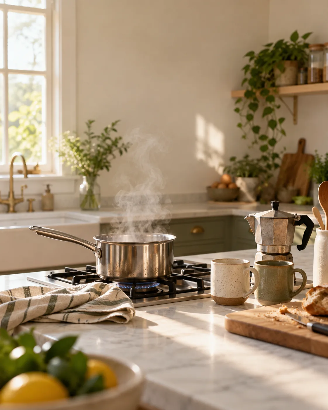 Cozinha em uso com panela no fogo, cafeteira italiana e canecas
